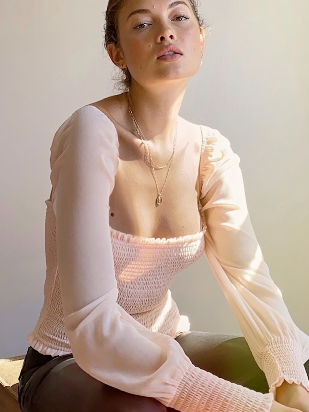 Aritzia Sheer Long Sleeve Smocked Top in Pale Blush